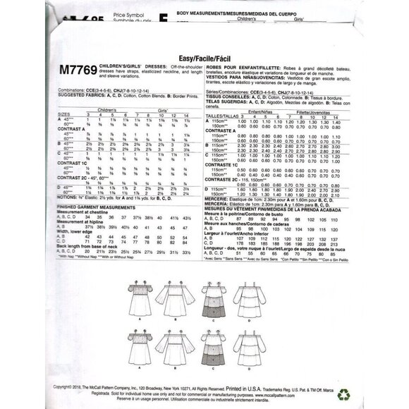 McCalls M7769 Girls 3 to 6 Off the Shoulder Dress Uncut Sewing Pattern - Picture 2 of 2